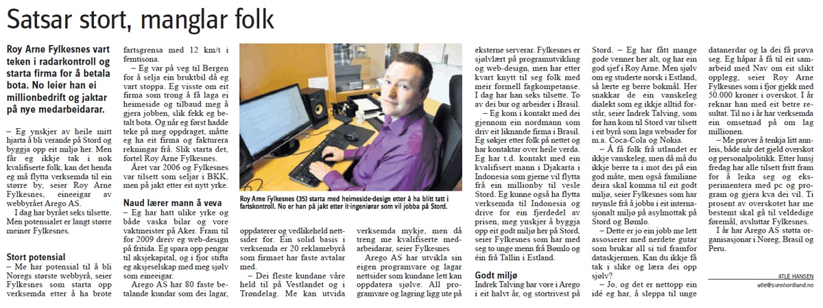 Avisutklippet Satsar stort, manglar folk fra Sunnhordland, mai 2011
